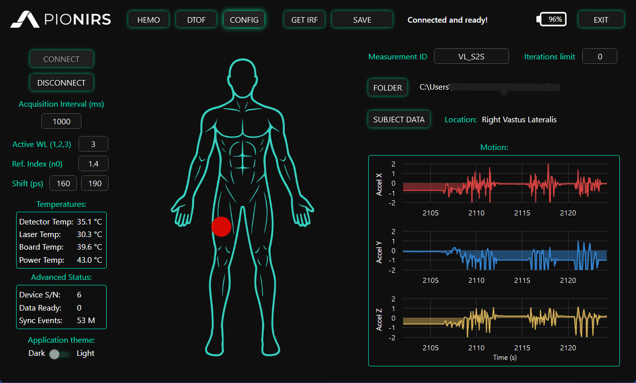 Desktop app configuration view with measurement site and 3-axis motion data  for wearable TD-NIRS device