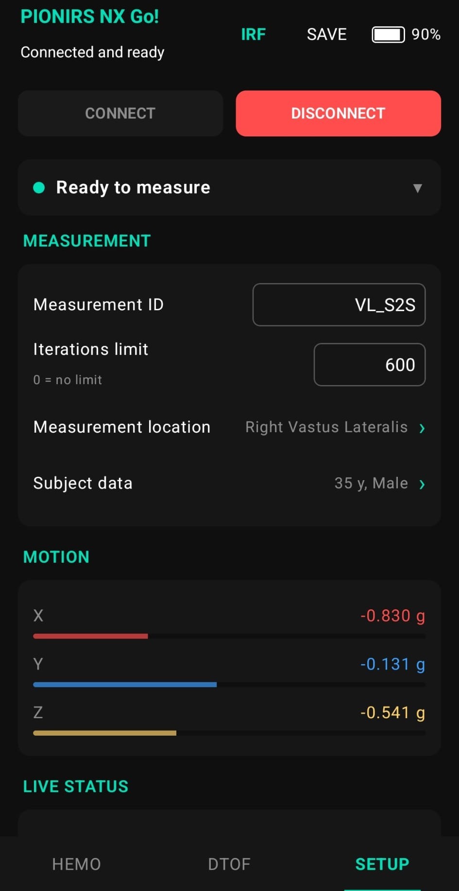 Mobile app setup view with measurement site and motion data